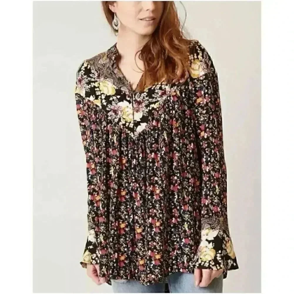 Free People Wildflower Fields Tunic Top Floral Bell Sleeve Long SZ S #1855